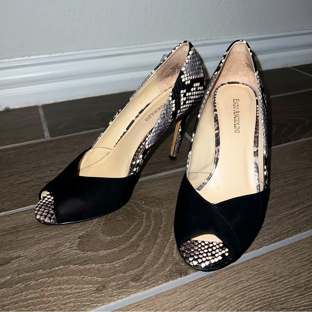 Enzo Angiolini snake print open toe leather heels